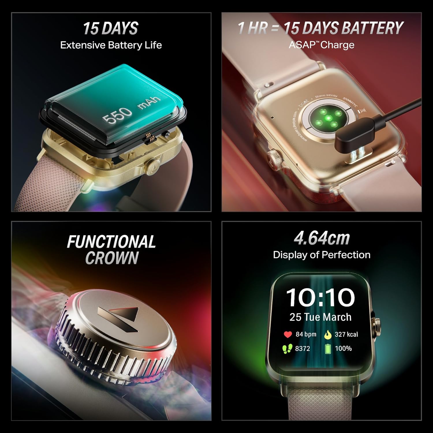 boAt New Launch Storm Infinity w/15 Days Extensive Battery fueled by Huge 550mAh Battery, Fast Charge, 1.83”(4.65cm)HD Display, Functional Crown, BT Calling,Smart watch for Men & Women(Cherry Blossom) - Image 3